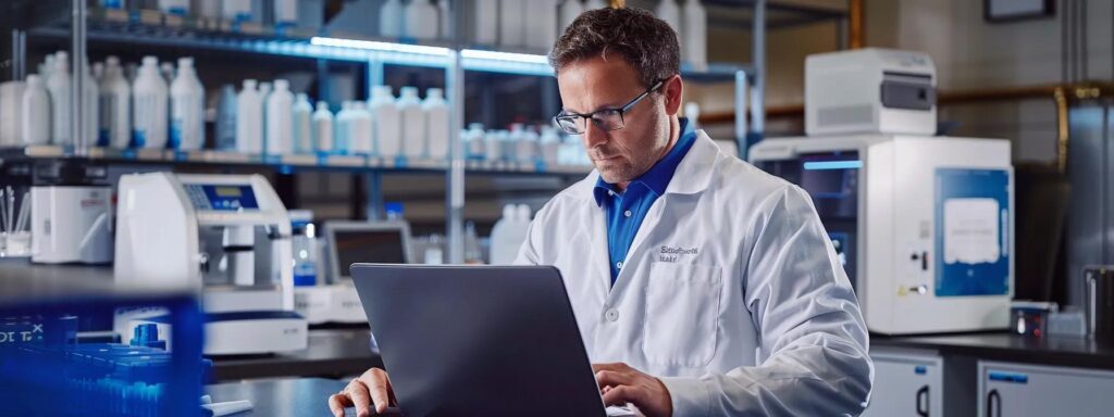 a sleek, modern office room features a confident pest control professional in branded attire, reviewing treatment plans on a laptop while surrounded by sophisticated pest control equipment and promotional materials that emphasize effective solutions and customer satisfaction.