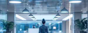a sleek, modern office space is illuminated by bright overhead lights, showcasing a professional pest control technician in a crisp uniform inspecting high-tech equipment, symbolizing effective solutions for home pest management.
