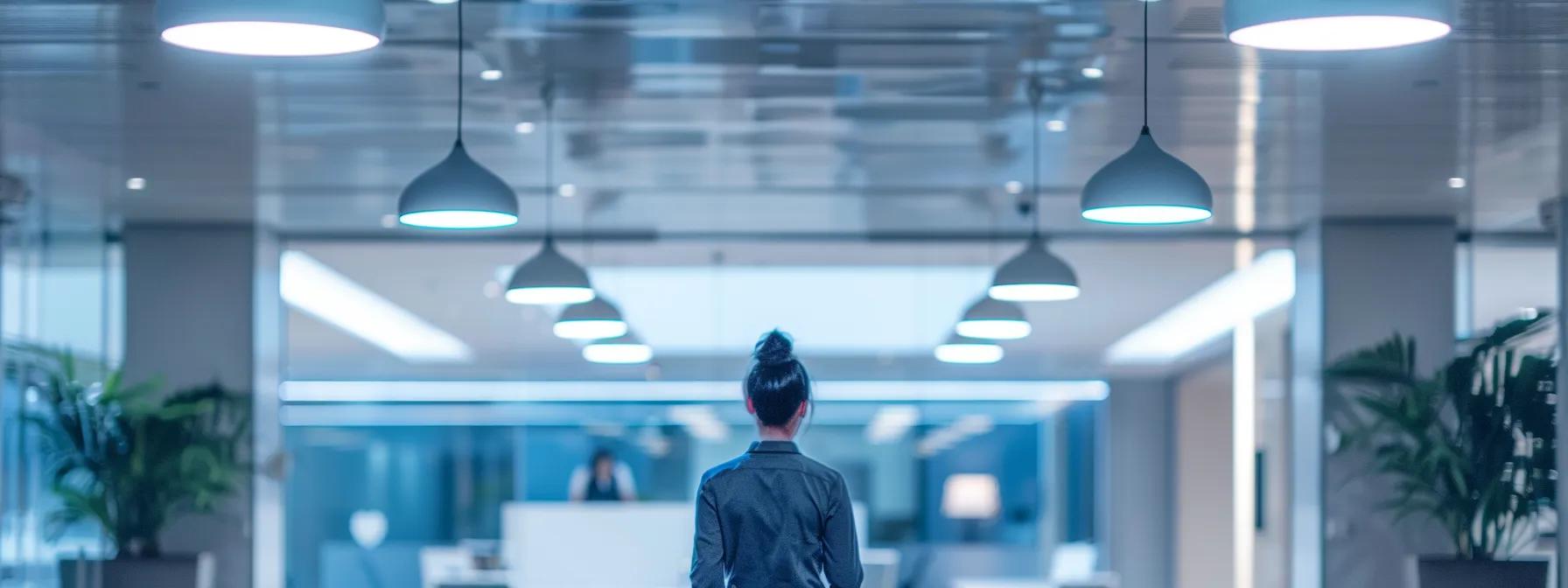 a sleek, modern office space is illuminated by bright overhead lights, showcasing a professional pest control technician in a crisp uniform inspecting high-tech equipment, symbolizing effective solutions for home pest management.