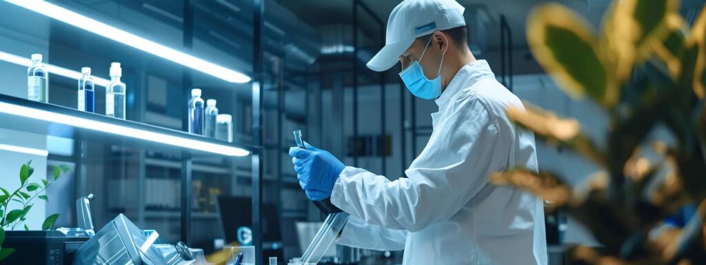 a sleek, modern office space featuring a professional pest control technician in a uniform, confidently examining a high-tech pest detection device against a backdrop of a well-organized workspace, highlighting the advanced and effective solutions offered by expert services.