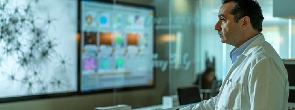 a sleek, modern office space features a professional pest control consultant engaging with clients at a polished conference table, showcasing a digital presentation on effective mosquito control strategies highlighted by vibrant graphics and charts.
