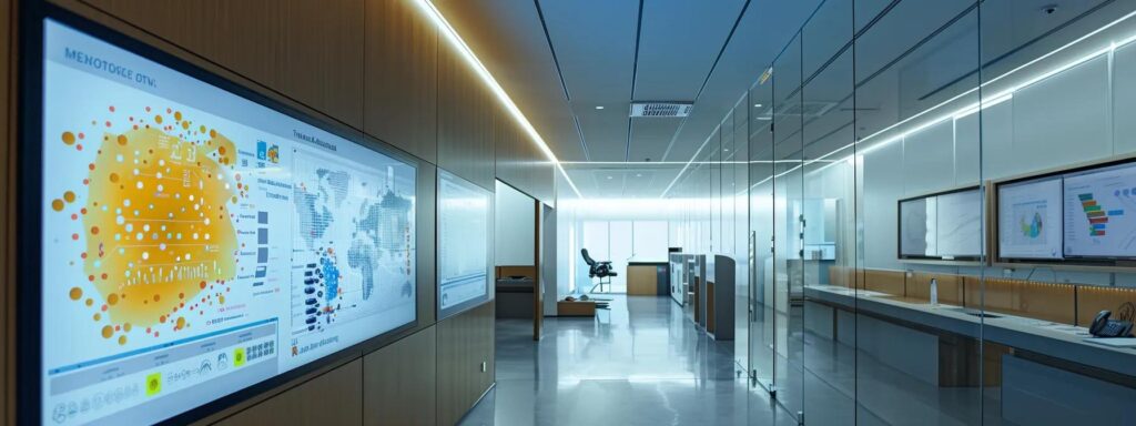 a sleek, modern pest control office features a wall-mounted screen displaying a dynamic infographic comparing traditional and advanced mosquito control methods, illuminated by bright, focused led lighting that highlights innovative technology and eco-friendly solutions.