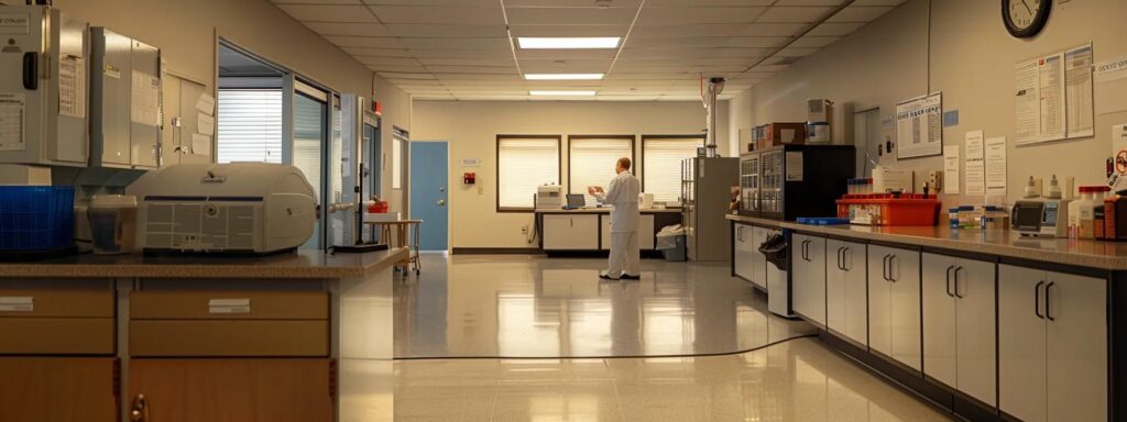 a sleek, modern pest control office featuring professionals in crisp uniforms carefully reviewing safety protocols and chemical safety data sheets, illuminated by bright, focused office lighting that emphasizes their commitment to safety in mosquito control services.