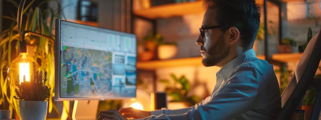 a sleek, modern pest control office featuring a tech-savvy professional analyzing a digital pest detection map on a large screen, illuminated by ambient lighting that emphasizes cleanliness and efficiency.