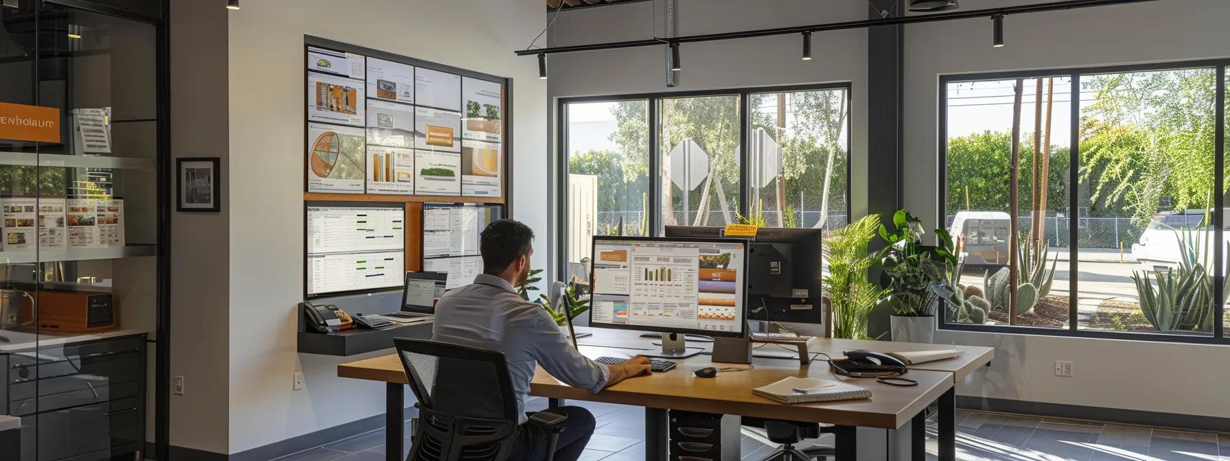 a sleek, modern pest control office is bustling with activity, featuring a confident technician reviewing sophisticated pest management software on a large digital screen, surrounded by organized equipment and informative posters on urban pest solutions.