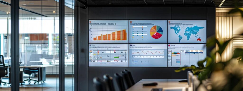 a sleek office environment features a detailed infographic on seasonal pest activity displayed prominently on a modern screen, with a stunning backdrop of vibrant charts and data visuals, emphasizing the importance of tailored pest control strategies throughout the year.