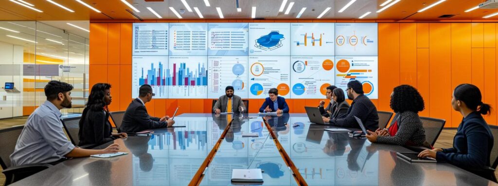 a stark, clinical office space features a sleek conference table surrounded by experts deeply engaged in a discussion, with a large digital screen displaying infographics about deadly mosquito-borne diseases, emphasizing the urgent need for pest control solutions.