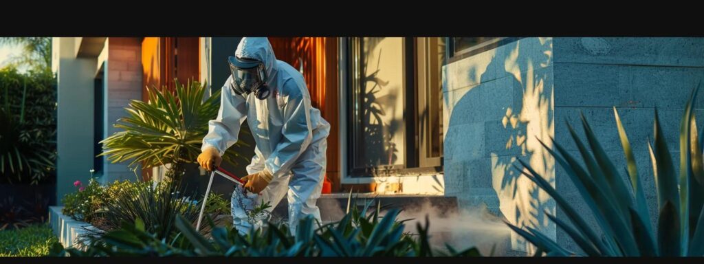 a technician in a professional pest control uniform meticulously applies a precise band of insect spray along the foundation of a modern home, highlighting the meticulous attention to ant trails and entry points with an urban neighborhood backdrop.
