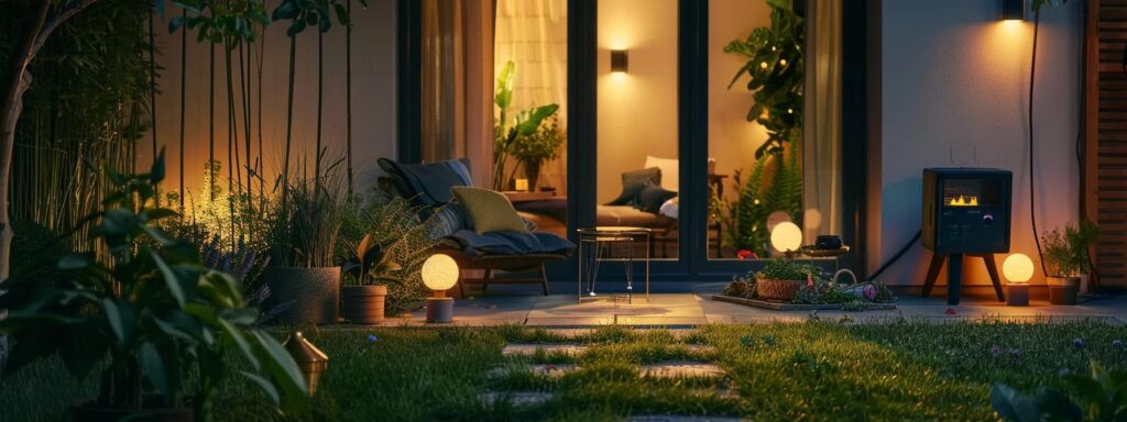 a well-organized, modern home backyard with strategically placed mosquito traps and repellent devices, illuminated by soft ambient lighting, emphasizing a proactive approach to pest control amidst a tidy outdoor setting.