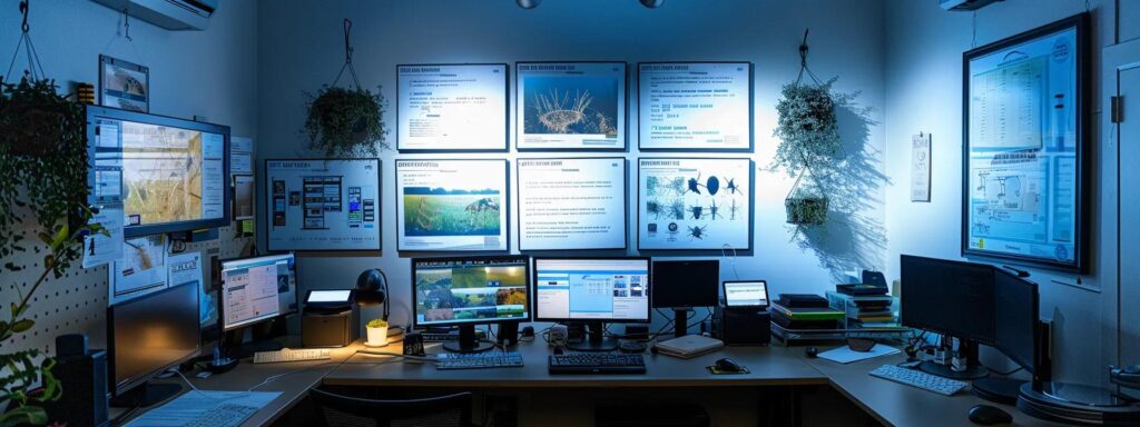 a well-organized pest control technician's office features a large display board showcasing informative diagrams of foundation pest treatment methods, with a bright, focused overhead light highlighting the intricate details of pest barriers and prevention strategies against insect invasions.