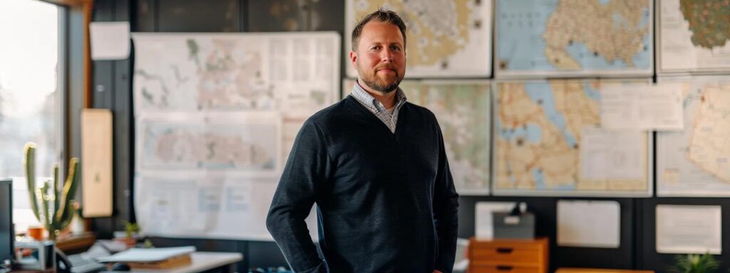 a focused urban pest control specialist stands confidently in a modern office, surrounded by digital maps and plans, meticulously strategizing innovative mosquito management solutions tailored to the unique challenges of scituate's coastal environment.