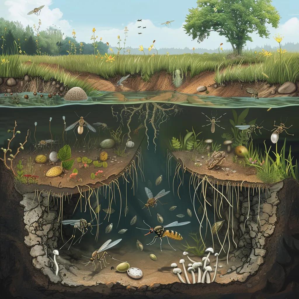 Illustration of mosquito life cycle stages in a natural habitat