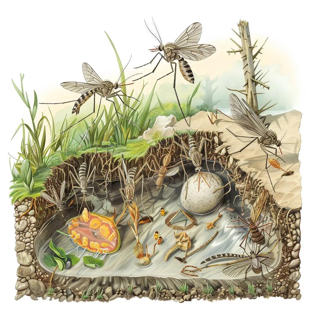 Illustration of mosquito life cycle stages in a natural habitat